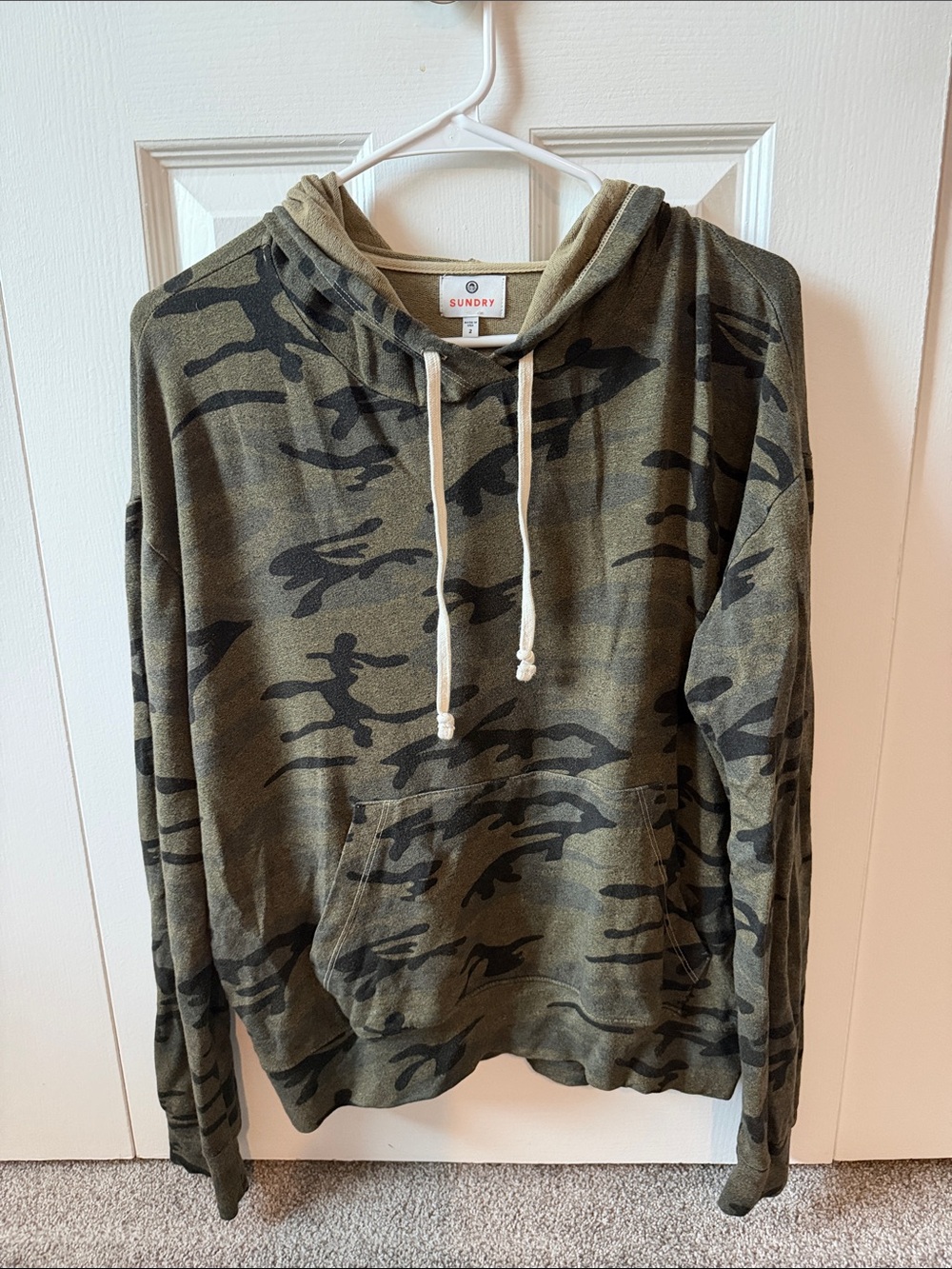 Sundry Olive Camo Crewneck Sweater with Drawstring